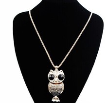 Crystal strass owl pendant long necklaces female fashion jewelry 2014 necklace women colar coruja nacklace collier