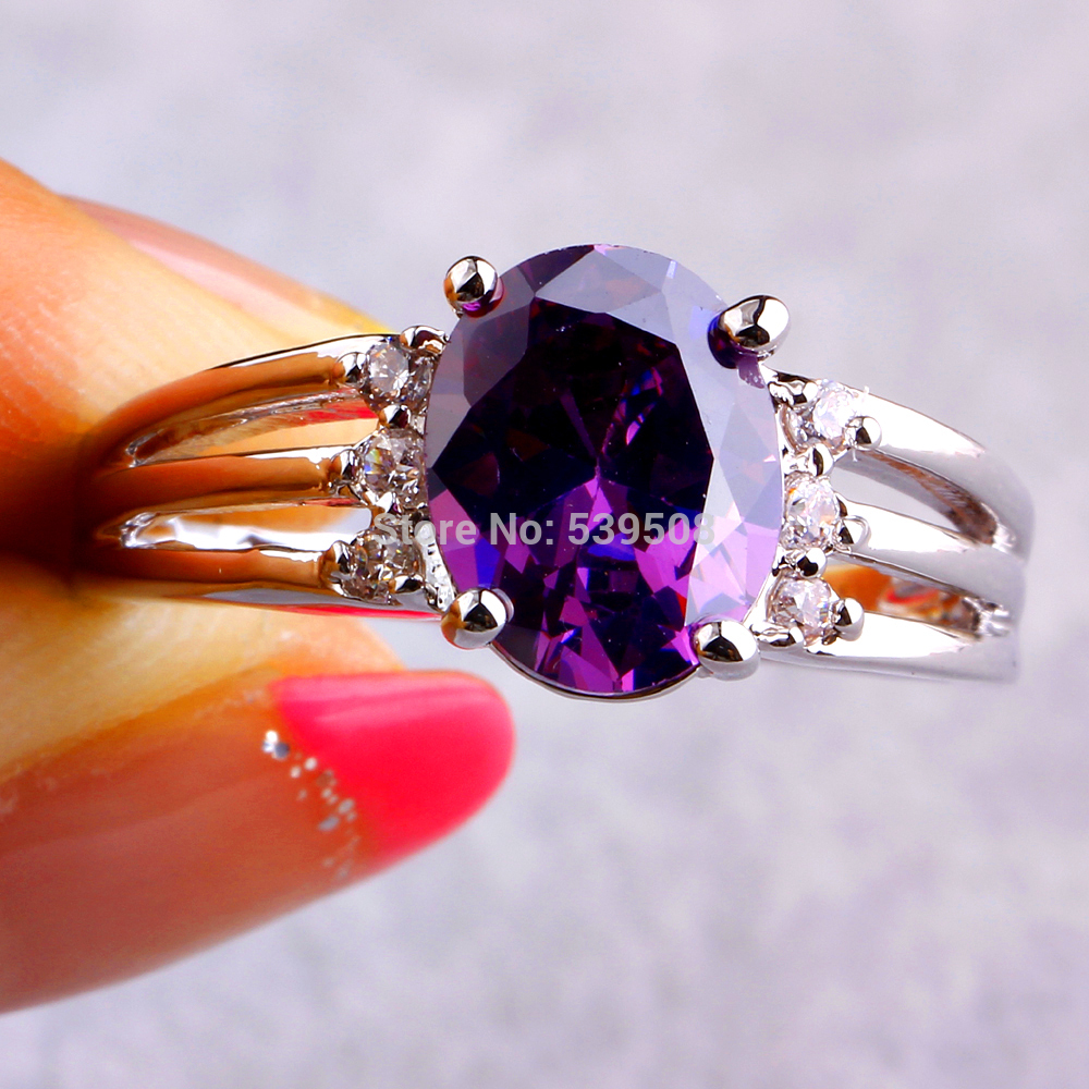 Women Jewelry New Fashion Handsome Oval Cut Amethyst White Sapphire 925 Silver Ring Size 6 7