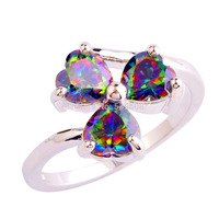 Wholesale Women Unique Gift Heart Cut Rainbow Topaz 925 Silver Ring Size 7 8 9 10