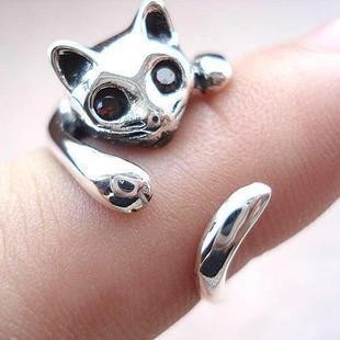 Sweet Jewelry Womens Cool Silver Plated Kitten Cute Cat Ring With Crystal Eyes for women and