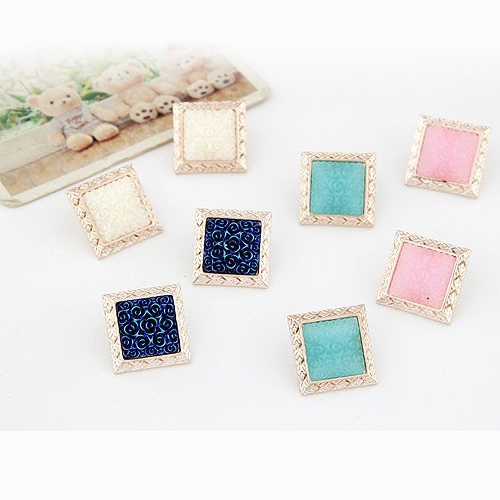 4 Candy Colors Sweet Street Style Flower Pattern Square Stud Earrings Elegant Simple Jewelry For Women