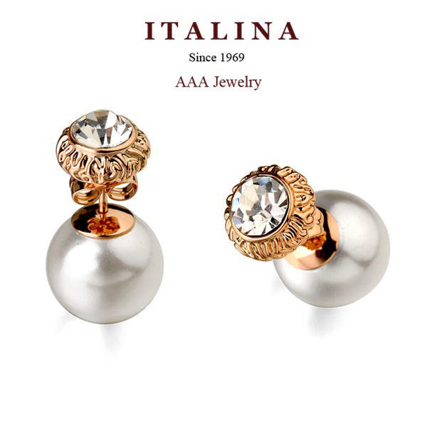 AAA Fashion Rhinestone Double Sides Pearl Stud Earrings for Women Gold Plated ITALINA Bead Jewelry