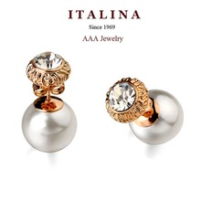 AAA Fashion Rhinestone Double Sides Pearl Stud Earrings for Women Gold Plated ITALINA Bead Jewelry