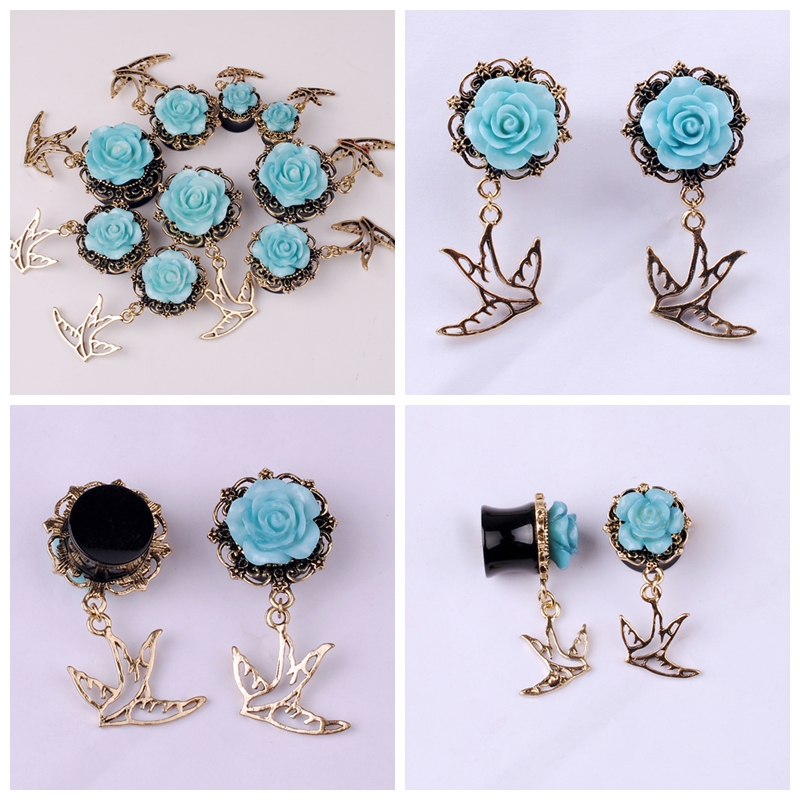 Latest 1 Pair round resin classical sky blue roses pendant of birds ear plugs tunnel tragus