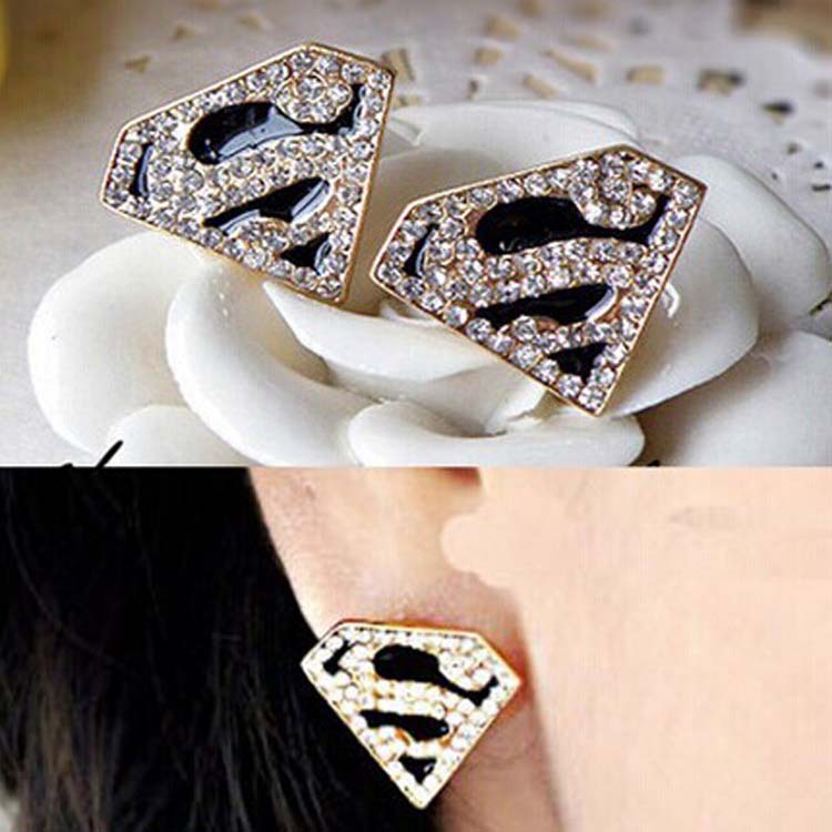 Hot sale Gold plated Rhinestone Superman S Logo channel Stud Earrings for women 2014 Fashion Jewelry