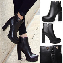 Brand Designer Women Boots 2014 With Cross,Round Toe Chunky Heels Black Women Platform Boots,Genuine Leather Black Ankle Boots