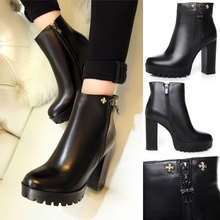 Fashion Brand Designer Women Boots 2015 With Cross Chunky Heels Black Women Platform Boots Genuine Leather