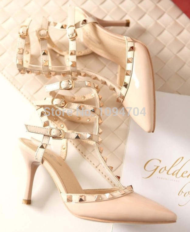 Valentin Women s High Heeled Rockstud Patent Leather Pumps 3T Straps Pointed Rivet Ankle Sandals ladies