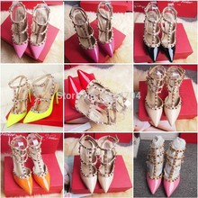 Valentin Women s High Heeled Rockstud Patent Leather Pumps 3T Straps Pointed Rivet Ankle Sandals ladies