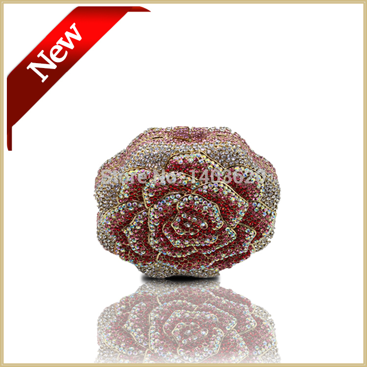 Free Shipping 2014 New Rose Custom Women Handmade Rhinestone Crystal Clutch Bag Party Wedding Handbag Purse