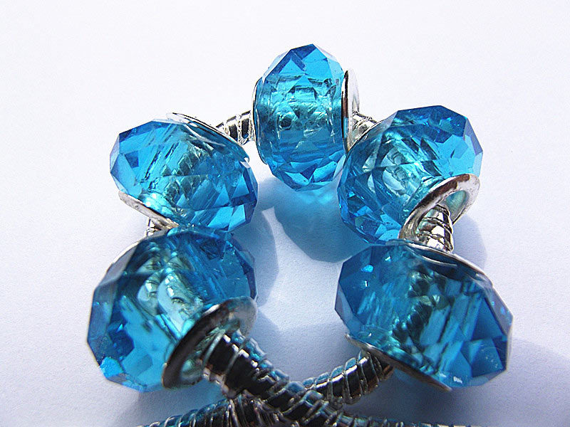 5PCS 14 8mm Sky Blue Color Big Hole Round European Loose Glass Crystal Beads Charms For