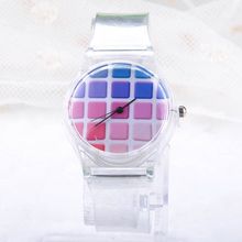 Fashion Fresh Summer Lovely Transparent Case Wristwatch Women Candy Color Quartz Rubber Band Wrist Watch Clock