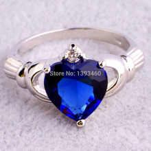 Love Heart Cut Claddagh Style Blue Sapphire Quartz 925 Silver Ring Size 7 8 9 10