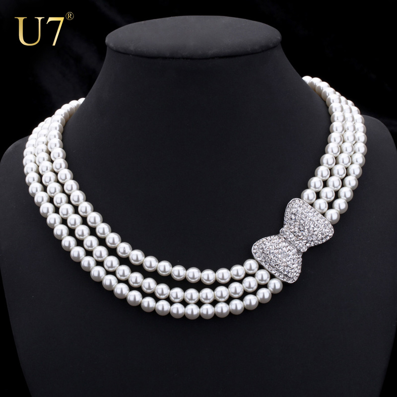 Lovely Bowknot Necklace Women Fashion Jewelry Sale New Trendy Platinum Plated Rhinestone Multilayers Withe Pearl Necklaces