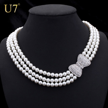 Lovely Bowknot Necklace Women Fashion Jewelry Sale 2014 Trendy Platinum Plated Rhinestone Multilayer Withe Pearl Necklaces N345