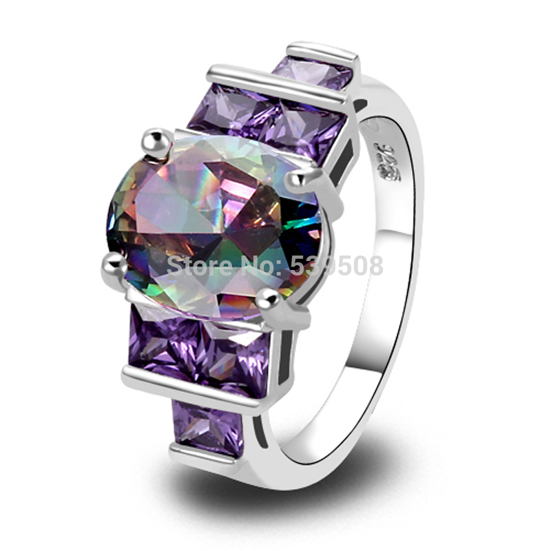 Wholesale Charm Fancy Shinning Round Cut Rainbow Sapphire Amethyst 925 Silver Ring Size 7 8 9