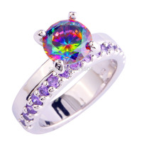 Pretty and Colorful Round Cut Rainbow Topaz & Amethyst Jewelry 925 Silver Ring Size 5 6 7 8 9 10 11 12 Wholesale Free Shipping