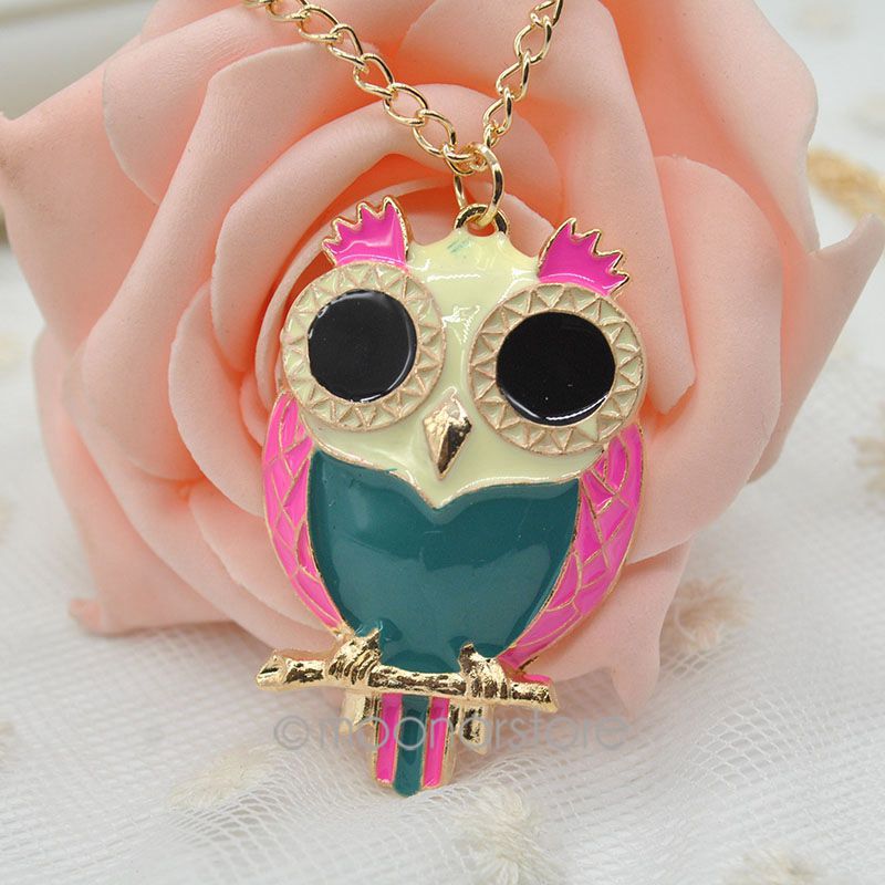 1pcs lot Fashion Metal Hit Contract Color Lovely Oil Owl Pendant Necklace Long Necklace Sweater Neck