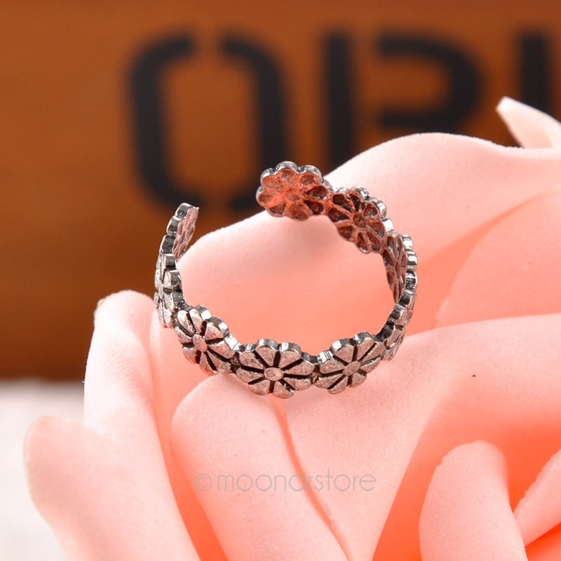 Carved Flower Adjustable Opening Finger Ring Women Girls Ancient Silver Color Toe Ring Party Fashion Jewelry