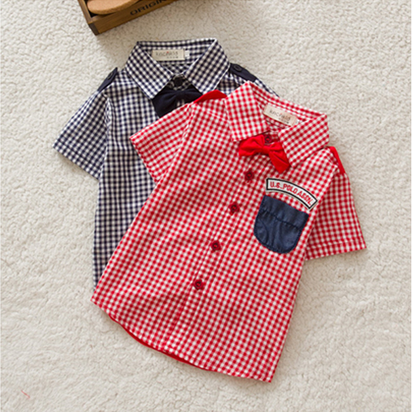 Newest Boys Button down Plaid Short Sleeve Shirts Tie Lapel Blouse Tops Age 0 3Y Free
