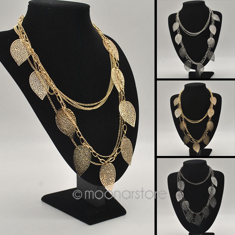 Free shipping Vintage Leaf Pendant Multi layer Necklace Long Sweater Chain for Lady Gold Novelty Gift