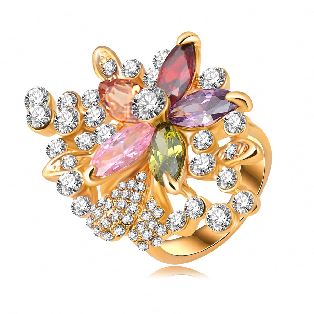 Sparkling Multicolor Flower Ring 18K Gold Plated Austrian Crystals Ring Fine Jewelry Ri HQ0318