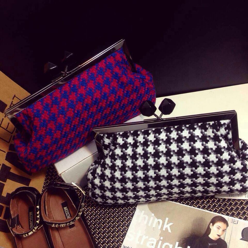 Free shipping 2014 new plaid handbags Houndstooth diamond clip dinner packet chain clutch