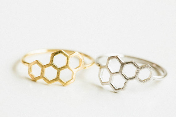 Valentine Christmas Honey Bee Honeycomb Hexagon Geometric Gold Ring nature