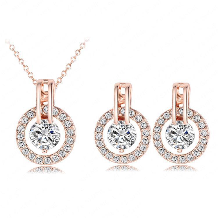 Women s Round Earring Studs Real 18K Rose Gold Plated AAA Crystal Wedding Party Earrings Necklace