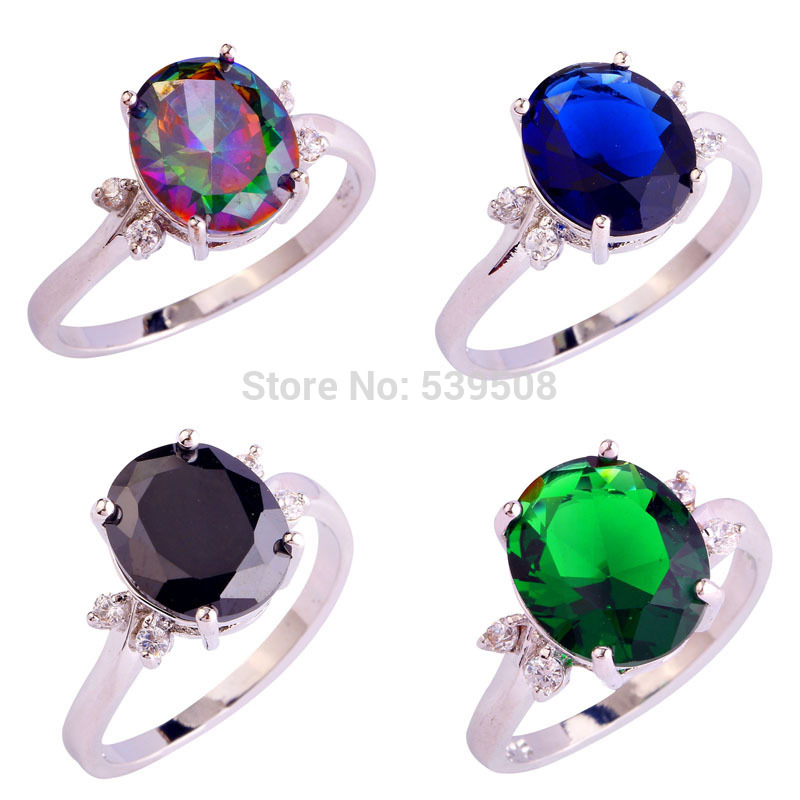 Wholesale New Oval Cut Rainbow White Sapphire Black Spinel Sapphire Emerald Quartz 925 Silver Ring Size