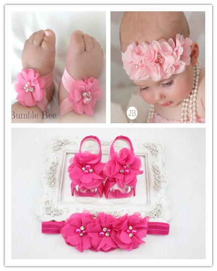 2015 New Baby Girl Flower Shoes with Flower Headband First Walkers Newborn Toddler Barefoot Sandal Shoes