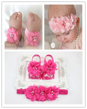 2015 New Baby Girl Flower Shoes with Flower Headband First Walkers Newborn Toddler Barefoot Sandal Shoes