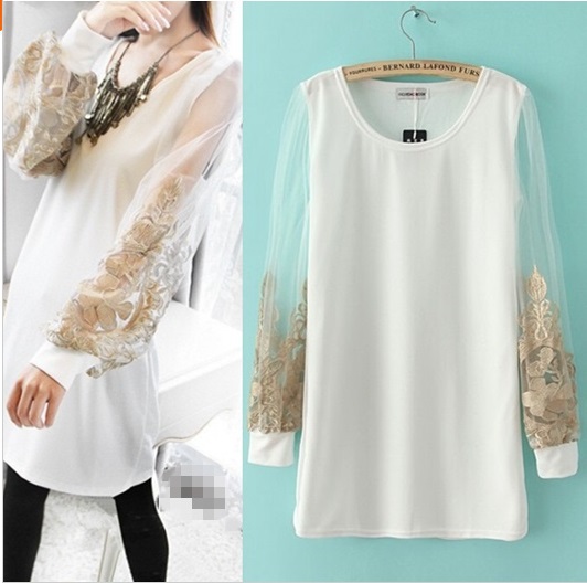 long sleeve gold Embroidery Plus size short white dresses women ...