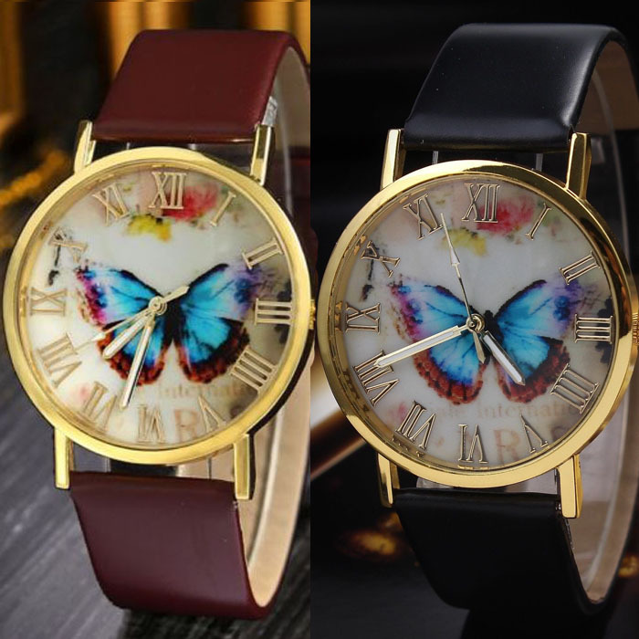 Hot Sales New Arrival Womens Fashion Casual Butterfly Style PU Leather Band Analog Quartz Wrist Watch