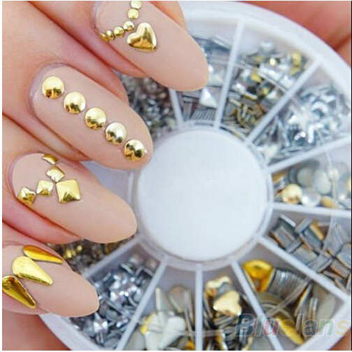 FREE SHIPPING 6 Styles Silver Gold 3D Glitter metal nail art Decoration Round Wheel Stickers Square