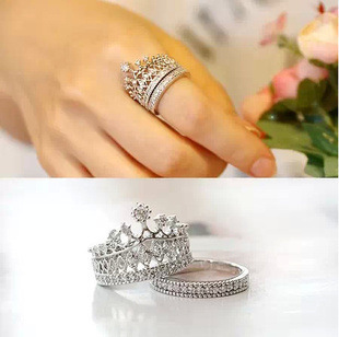 2Pcs set silver plated crystal Rhinestone imperial crown circle wedding rings for women engaement ring sapphire