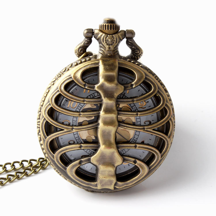 Retro Steampunk Bronze Spine Ribs Hollow Quartz Pocket Watch Necklace Pendant sweater chain Women Gift P105