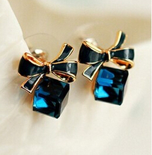 Blue Kiss E480 The  Fashion 2014  Chic Shimmer Gold Bow Cubic Crystal Earrings Gold-Tone GP  Rhinestone Stud Earrings For Women