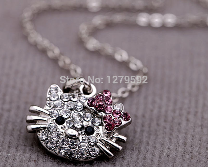 Cute Kitty Cat Design Pendant Chain Necklace Charm Clear Rhinestone Fashion Jewelry Lovely Cute Cat Girl