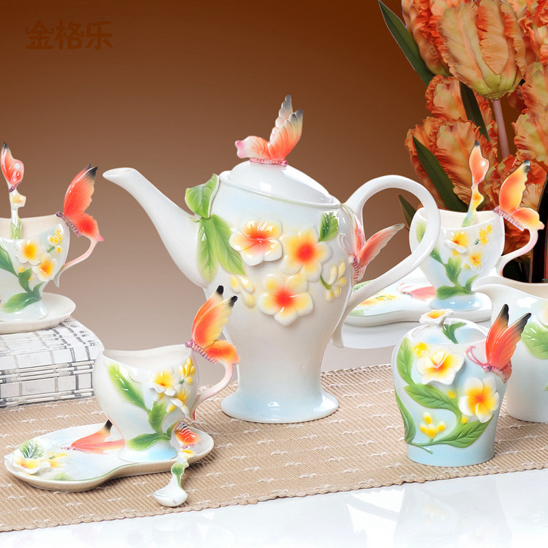 Enamel Color Painted Porcelain Coffee Sets of 21 Pcs for 6 Butterfly nd Flower Tea Set