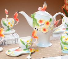 Enamel Color Painted Porcelain Coffee Sets of 21 Pcs for 6 Butterfly nd Flower Tea Set