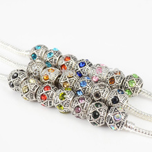 Wholesale 20 Pieces/ Lots Multi Crystal Antique Silver Plated 10 x 8mm Spacer Charm Alloy Beads Fit Pandora European Bracelet
