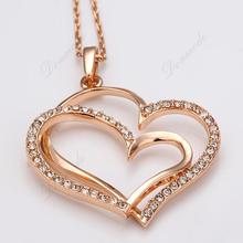 Free shipping Fashion jewlery Wholesale 18K Gold Plating Crystal Love Double Heart Pendants Necklace Accessories N003