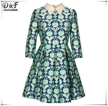 Регата женское 2015 последние дизайн одежды женщин весной зеленый нагрудные с длинным рукавом цветочный печать жаккардовые вспыхивают мини платье