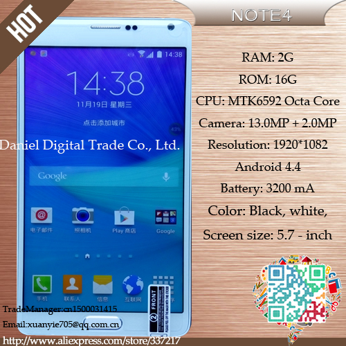  5 7 inch NOTE4 4 Android smartphone MTK6592 Octa core 6582 quad core 13 0MP