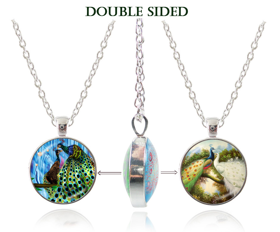 new fashion double peacock pendant necklace animal jewelry bird jewlery double faced glass dome choker statement