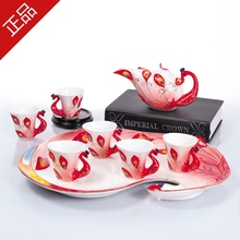 Cup saucer Special enameled teapot teacup 8pcs painted peacock fashion Painted Tea Set Drinkware Kung Fu