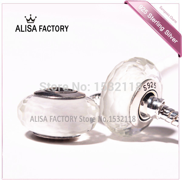  2pcs 925 Sterling Silver White Faceted Murano Glass Beads Charm Fit European pandora Bracelet Necklaces