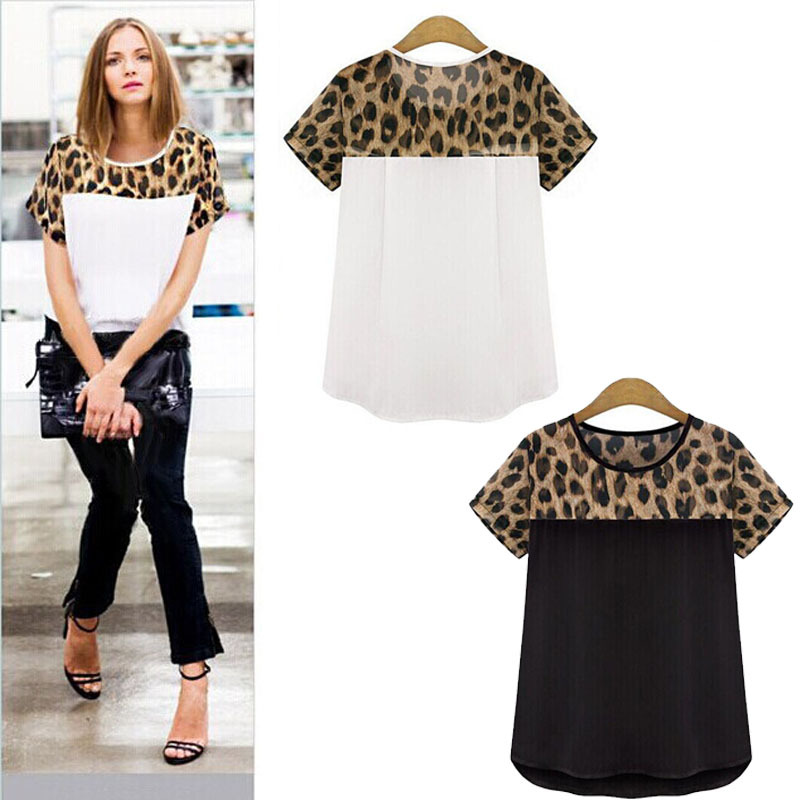 Feitong 2 Colors Plus Size 3XL Summer Women Casual Clothing Leopard Printing Patchwork Chiffon Blouse Tops