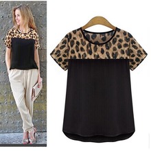 Feitong 2 Colors Plus Size 3XL Summer Women Casual Clothing Leopard Printing Patchwork Chiffon Blouse Tops